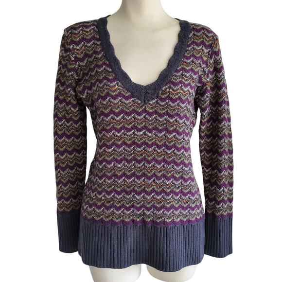 Missoni Vintage Wool Knit V-Neck Sweater Made in Italy Chevron Striped RARE Sz M - Picture 2 of 13